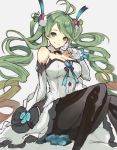  antenna_hair bare_shoulders black_legwear blonde_hair blush bow breasts brooch cleavage commentary_request cradle_(2849) de_la_fille detached_collar dress elbow_gloves finger_to_mouth frilled_skirt frills gloves gradient_hair granblue_fantasy green_bow green_eyes green_hair grey_background hair_ornament highres jewelry large_breasts long_hair looking_at_viewer multicolored_hair necklace pantyhose red_hair simple_background sitting skirt smile solo strapless strapless_dress tied_hair twintails very_long_hair white_gloves 