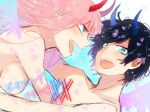  1girl bangs black_hair blue_eyes blue_horns blush breasts commentary couple darling_in_the_franxx green_eyes hetero hiro_(darling_in_the_franxx) horns long_hair looking_at_another medium_breasts oni_horns open_mouth petals pink_hair red_horns shirtless spoilers temaroppu_(ppp_10cc) wings zero_two_(darling_in_the_franxx) 