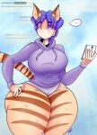  2018 anthro big_breasts blue_eyes blue_hair breasts cat cellphone feline female hair katasha mammal phone purple_panties purple_sweatshirt riggl3 solo wide_legs 