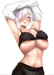  areola_slip areolae armpits arms_up bare_shoulders black_bra blue_eyes blush bra bra_lift breasts collarbone commentary_request crotch_seam eyebrows_visible_through_hair hair_ornament hair_over_one_eye hairclip hamakaze_(kantai_collection) hips iridescent kantai_collection large_breasts looking_at_viewer navel open_mouth panties panties_under_pantyhose pantyhose saliva shirt shirt_lift short_hair silver_hair simple_background solo sweat underboob underwear untsue white_background white_panties white_shirt 