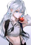  apple bangs bare_shoulders blue_eyes chikage_(chi_g0) closed_mouth collarbone collared_shirt commentary cowboy_shot crop_top dagger detached_sleeves earrings eva_glynberg eyebrows_visible_through_hair food fruit gradient gradient_background grey_background grey_hair hair_between_eyes highleg highleg_panties highres holding holding_food holding_weapon jewelry long_hair long_sleeves navel necktie open_collar panties shirt siezer's_specimen skirt solo standing suspender_skirt suspenders underwear vest weapon white_background 