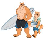  2018 abs anthro biceps big_muscles blue_eyes canine chest_tuft clothed clothing dog fur hi_res male mammal muscular muscular_male open_shirt otake pecs summer surfboard swimsuit takemoto takemoto_arashi tan_fur tuft 