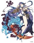  asymmetrical_clothes barefoot blue_eyes bracelet breasts eyebrows_visible_through_hair fins full_body gauntlets gold_trim hair_ornament highres jewelry ji_no large_breasts long_hair looking_at_viewer ningyo_hime_(sinoalice) official_art purple_hair single_gauntlet sinoalice smoke solo sqex sword tears very_long_hair water weapon white_background 