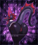  2018 anthro black_skin butt clothed clothing collar crest digital_media_(artwork) doktor-savage dragon female fin fishnet fishnet_legwear horn legwear looking_at_viewer looking_back markings open_mouth orange_eyes presenting presenting_hindquarters purple_eyes raised_tail rear_view red_markings red_skin savage scalie solo teeth 