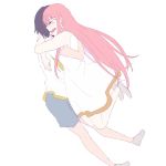  1girl bangs bare_shoulders black_hair blue_shorts blush closed_eyes collarbone commentary_request couple darling_in_the_franxx dress eyebrows_visible_through_hair fangs grey_footwear hand_on_another's_back hetero hiro_(darling_in_the_franxx) hug long_hair mukkun696 no_socks open_mouth pink_hair shoes shorts sleeveless sleeveless_dress tears white_dress zero_two_(darling_in_the_franxx) 