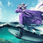  2018 anthro blue_eyes day digital_media_(artwork) dragon female hair horn lukiri membranous_wings outside partially_submerged purple_scales scales sky solo water white_hair wings 