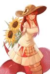  :d absurdres alternate_costume arms_behind_back blush breasts commission dress flower hair_between_eyes hat hat_ornament highres jewelry lamia large_breasts long_hair looking_at_viewer miia_(monster_musume) monster_girl monster_musume_no_iru_nichijou open_mouth pendant red_hair scales simple_background smile solo sookmo strapless strapless_dress sun_hat sunflower white_background white_dress yellow_eyes 