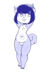  &lt;3 &lt;3_eyes 2018 anthro canine digital_media_(artwork) disfigure dog female flat_chested hair hands_behind_head headphones looking_aside mammal monochrome navel nipples nude open_mouth pussy shiba_inu short_hair simple_background slightly_chubby solo standing thick_thighs 