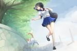  black_hair brown_eyes cat collarbone day highres instrument_case kikivi loafers looking_to_the_side open_mouth original outdoors running school_uniform shoes short_hair socks solo tree 