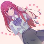  blush bow closed_mouth dutch_angle gradient gradient_background kagawa_yuusaku long_hair looking_to_the_side original red_eyes red_hair school_uniform signature smile solo 