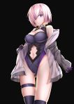  black_background black_leotard closed_mouth cowboy_shot espada_gcon fate/grand_order fate_(series) gloves hair_over_one_eye highres jacket lavender_hair leotard looking_at_viewer mash_kyrielight navel navel_cutout purple_eyes short_hair simple_background solo sweat 