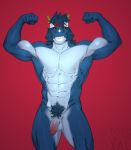  abs anthro antlers balls biceps blue_hair blue_skin dragon facial_hair fist flaccid flexing hair half_portrait headband horn humanoid_penis male muscular muscular_male nipples nude open_mouth pecs penis pose pubes red_background ryu_(blackclown00) sideburns simple_background smile solo standing teeth tofudumps 