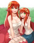  :d absurdres breasts commission fang green_eyes hair_between_eyes hair_ornament hairclip highres lamia large_breasts long_hair looking_at_viewer miia_(monster_musume) mika_(miiafag) monster_girl monster_musume_no_iru_nichijou mother_and_daughter multiple_girls open_mouth original pointy_ears red_hair scales smile sookmo v yellow_eyes 