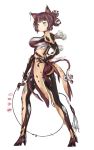  animal_ears ass bangs blue_eyes blunt_bangs blush bodysuit breasts brown_hair cat_ears cat_tail character_name commentary double_bun eyebrows_visible_through_hair from_behind full_body glowing hand_on_hip high_heels highres holding_whip humanization khora_(warframe) large_breasts looking_at_viewer looking_back multicolored multicolored_bodysuit multicolored_clothes open_mouth personification pixel_(yuxian) purple_bodysuit shiny shiny_clothes shiny_hair short_hair simple_background solo standing tail warframe whip whisker_markings white_background 
