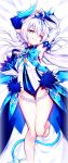  :d armpits bare_legs bare_shoulders barefoot bed_sheet blue_eyes detached_sleeves elsword eyebrows_visible_through_hair fang highres horns long_hair luciela_r._sourcream noblesse_(elsword) open_mouth pointy_ears poseich smile solo symbol-shaped_pupils tail thick_eyebrows twintails white_hair 