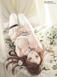  bangs bed bed_sheet bouquet braid branch breasts bridal_veil brown_hair choker cleavage collarbone commentary crossed_arms crown_braid curtains day dress elbow_gloves english_commentary flower girls_frontline gloves green_eyes groin hair_flower hair_ornament knees_up large_breasts lee-enfield_(girls_frontline) leotard letdie1414 long_hair looking_at_viewer lying on_back on_bed patreon_logo patreon_username petals rose sidelocks skindentation solo strap tassel thigh_strap thighhighs thighs veil wedding_dress white_flower white_gloves white_legwear white_leotard white_rose 