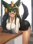  absurdres alternate_costume animal_ears anubis_(monster_girl_encyclopedia) bent_over bespectacled black-framed_eyewear black_bra black_skirt blush bra bra_peek breasts button_gap closed_mouth collared_shirt commentary commission dark_green_hair day desk egyptian english_commentary glasses gold_trim green_hair green_neckwear hair_ornament headdress highres indoors jackal_ears jackal_tail large_breasts long_hair long_sleeves looking_at_viewer miniskirt monster_girl monster_girl_encyclopedia paws pencil_skirt popped_button shirt skirt smile snake_hair_ornament solo sookmo standing tail underwear white_shirt window wing_collar 