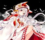  bird bird_on_hand checkered checkered_kimono chiya_(urara_meirochou) commentary_request eyebrows_visible_through_hair hair_between_eyes harikamo head_tilt highres hood japanese_clothes kimono long_hair nail_polish obi official_art red_eyes sash silver_hair solo urara_meirochou white_kimono wide_sleeves 