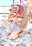  absurdres ahoge animal_ears apron bell bell_collar blush breasts cake cat_hair_ornament cat_paws chaldea_uniform cleavage cloud cloud_(11171819) collar day fangs fate/grand_order fate_(series) food fox_ears fox_tail fruit fujimaru_ritsuka_(female) gloves hair_ornament hair_ribbon hair_scrunchie highres indoors jingle_bell large_breasts long_hair looking_at_viewer maid_headdress naked_apron orange_eyes orange_hair orange_scrunchie paw_gloves paw_shoes paws pink_hair ponytail red_ribbon ribbon riyo_(lyomsnpmp)_(style) scrunchie shoes side_ponytail sitting skirt solo strawberry tail tamamo_(fate)_(all) tamamo_cat_(fate) 