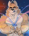  2018 anthro biceps big_muscles blue_eyes canine chest_tuft digital_media_(artwork) dog fur hi_res hikazedragon male mammal muscular muscular_male otake pecs tan_fur tuft 