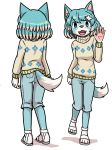  2018 animal_crossing anthro blue_fur blue_hair canine clothed clothing cub female footwear fur hair hairclip jeans mammal multicolored_fur nintendo open_mouth pants sandals sharp_teeth simple_background skye_(animal_crossing) smile solo star★man sweater teeth two_tone_fur video_games waving white_background white_fur wolf young 
