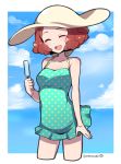  ^_^ ^o^ bare_arms bare_legs bare_shoulders breasts closed_eyes commentary curly_hair do_m_kaeru food hat medium_breasts okumura_haru one-piece_swimsuit persona persona_5 polka_dot polka_dot_swimsuit popsicle smile sun_hat swimsuit thighs 