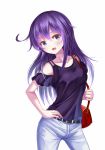  akatsuki_(kantai_collection) alternate_costume bag belt blush breasts collarbone denim eyebrows_visible_through_hair hair_between_eyes hand_on_hip handbag jeans kantai_collection long_hair looking_at_viewer open_mouth pants purple_eyes purple_hair purple_shirt shirt small_breasts solo white_background yatsu_seisakusho 