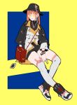  absurdres alternate_hairstyle bag blue_background cellphone ear_tag elphelt_valentine fashion full_body grey_legwear guilty_gear guilty_gear_xrd handbag highres makai over-kneehighs phone pink_hair shoes short_shorts shorts sitting sneakers solo studded_bracelet sunglasses thighhighs tinted_eyewear yellow-tinted_eyewear yellow_background 