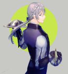  amatari_sukuzakki blue_eyes braid butler european_clothes fire_emblem fire_emblem_if gloves highres jacket joker_(fire_emblem_if) looking_at_viewer male_focus ponytail silver_hair solo tray 