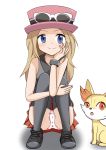  1girl bare_shoulders black_footwear black_legwear black_shirt blonde_hair blue_eyes blush bracelet cameltoe eyewear_on_headwear female fennekin food_print full_body gen_6_pokemon hand_on_own_face hand_up hat highres jewelry kaimu_(qewcon) knees_up long_hair looking_at_viewer open_mouth orange_eyes panties pantyshot pantyshot_(sitting) pleated_skirt pokemon pokemon_(creature) pokemon_(game) pokemon_xy red_hat red_skirt serena_(pokemon) shirt shoes simple_background sitting skirt sleeveless sleeveless_shirt smile solo_focus strawberry_print sunglasses thighhighs underwear upskirt white-framed_eyewear white_background white_panties 