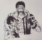  2boys age_difference angry artist_request black_hair blood charlotte_katakuri fangs grabbing injury looking_at_viewer monkey_d_luffy monochrome multiple_boys muscle one_piece scar serious short_hair side_difference simple_background smile standing tattoo 