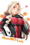  1girl ;o absurdres ant-man ant-man_(cosplay) ant-man_(movie) blonde_hair blush bodysuit boku_no_hero_academia breasts cosplay flying_sweatdrops hand_on_own_chest heart highres large_breasts long_hair looking_at_viewer mount_lady nishiya_shinji one_eye_closed pink_eyes platinum_blonde_hair solo_focus underbust very_long_hair yaobin_yang zipper zipper_pull_tab 