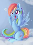 2018 blue_background blue_feathers cloud cute cutie_mark equine eyelashes feathered_wings feathers female feral friendship_is_magic hair happy hooves mammal multicolored_hair my_little_pony nude open_mouth open_smile pegasus portrait pose purple_eyes rainbow_dash_(mlp) rainbow_hair simple_background sitting sky smile solo spread_wings tongue underhoof wings xduskstarx 