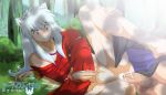  2boys anal animal_ears blush bottomless cum cum_in_ass cum_while_penetrated cumdrip forest inuyasha inuyasha_(character) long_hair miroku multiple_boys onoro_nyo outdoors penetration sex silver_hair yaoi 