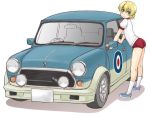  ass bangs blonde_hair blue_eyes blue_footwear braid buruma car closed_mouth commentary_request darjeeling from_side girls_und_panzer ground_vehicle gym_shirt gym_uniform leaning_forward leaning_on_object legs looking_at_viewer looking_to_the_side mini_cooper motor_vehicle red_buruma roundel shadow shirt shoes short_hair short_sleeves simple_background smile sneakers solo standing t-shirt thighs tied_hair uona_telepin white_background white_shirt 