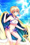  ahoge artoria_pendragon_(all) artoria_pendragon_(swimsuit_archer) bikini blonde_hair blue_bow blue_sky bow breasts cleavage cloud day excalibur eyebrows_visible_through_hair fate/grand_order fate_(series) green_eyes hair_between_eyes hair_bow halterneck hand_on_hilt highres holding lens_flare medium_breasts navel ocean outdoors sidelocks sky smile soda_(sodachuxd) solo standing swimsuit white_bikini yellow_cape 