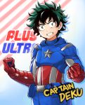  absurdres american_flag american_flag_print avengers belt black_hair boku_no_hero_academia brown_eyes captain_america captain_america_(cosplay) clenched_hand clenched_teeth commentary_request cosplay flag_print freckles gloves green_hair highres looking_at_viewer male_focus marvel midoriya_izuku multicolored_hair red_gloves short_hair solo spiked_hair star teeth two-tone_hair utility_belt yaobin_yang 