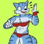  2017 abs anthro big_breasts bikini biped blue_fur breasts cheek_tuft chest_tuft cleavage clothed clothing digital_media_(artwork) fangs feline female fur gabbah green_background maltese_tiger mammal markings midriff multicolored_fur muscular navel open_mouth open_smile pose sharp_teeth simple_background skimpy smile solo standing swimsuit teeth ti tiger tuft two_tone_fur voluptuous yin_yang_yo 