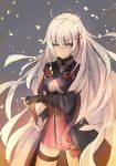  absurdres ahoge breasts cleavage cleavage_cutout cowboy_shot eyebrows_visible_through_hair fate/grand_order fate_(series) floating_hair grey_background grey_eyes hair_between_eyes hair_ornament hand_on_hilt highres holding holding_sheath long_hair medium_breasts okita_souji_(alter)_(fate) okita_souji_(fate)_(all) sheath silver_hair simple_background sketch solo standing thigh_strap very_long_hair yu_kitsune 