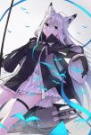  absurdres ahoge animal_ears azur_lane black_cape black_gloves blush cape cat_ears commentary_request dutch_angle expressionless eyebrows_visible_through_hair fur_trim gloves graphite_(medium) highres holding holding_sword holding_weapon kawakaze_(azur_lane) long_hair long_sleeves necktie neme1228 outstretched_arm pleated_skirt silver_hair skirt solo sword thigh_strap traditional_media turret very_long_hair weapon 