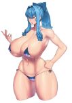  alternate_breast_size alternate_hair_length alternate_hairstyle bikini blue_bow blue_eyes blue_hair bow breasts cirno cleavage clenched_hand commentary_request covered_nipples cropped_legs deep_skin gigantic_breasts hair_bow hair_intakes hand_on_hip highres long_hair micro_bikini navel older ponytail side-tie_bikini sidelocks skindentation solo space_jin swimsuit thick_thighs thighs toned touhou tsurime underboob veiny_breasts white_background 