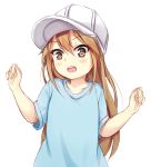  bangs blue_shirt brown_eyes brown_hair chrisandita collarbone commentary eyebrows_visible_through_hair flat_cap hair_between_eyes hands_up hat hataraku_saibou highres long_hair looking_at_viewer open_mouth platelet_(hataraku_saibou) shirt short_sleeves simple_background solo upper_body very_long_hair white_background white_hat 