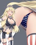  ;d american_flag_legwear american_flag_panties ass belt blonde_hair blue_panties breasts commentary fingerless_gloves from_below front-tie_top garter_straps gloves grey_background grey_eyes highres iowa_(kantai_collection) kantai_collection large_breasts long_hair miniskirt mismatched_legwear mtu_(orewamuzituda) multiple_views one_eye_closed open_mouth panties pantyshot simple_background skirt smile star star-shaped_pupils star_print symbol-shaped_pupils thighhighs thong underwear upskirt 