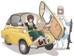  blue_eyes bmw_isetta boots breasts brown_eyes brown_footwear brown_hair car cleavage closed_mouth commentary_request cosplay dress eyebrows_visible_through_hair girls_und_panzer green_dress ground_vehicle gun holding holding_weapon itsumi_erika izetta izetta_(cosplay) long_dress long_sleeves machine_gun medium_breasts mg34 motor_vehicle multiple_girls namesake nishizumi_maho ortfine_fredericka_von_eylstadt ortfine_fredericka_von_eylstadt_(cosplay) petticoat shadow shuumatsu_no_izetta silver_hair simple_background sitting smile standing uona_telepin weapon white_background white_dress white_footwear 