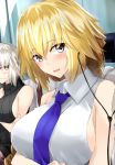  bare_shoulders between_breasts black_sweater blonde_hair blue_eyes blush braid breasts casual commentary_request earphones eyebrows_visible_through_hair fate/grand_order fate_(series) highres jealous jeanne_d'arc_(alter)_(fate) jeanne_d'arc_(fate) jeanne_d'arc_(fate)_(all) large_breasts long_hair multiple_girls necktie necktie_between_breasts ninoude_(ninoude44) open_mouth ribbed_sweater shared_earphones short_hair sideboob silver_hair single_braid smile sweater turtleneck turtleneck_sweater very_long_hair yellow_eyes 