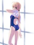  1girl ahoge artoria_pendragon_(all) berrykanry blonde_hair blue_swimsuit competition_swimsuit eyebrows_visible_through_hair fate/stay_night fate_(series) from_behind green_eyes hair_between_eyes hair_ornament highres long_hair looking_at_viewer looking_back one-piece_swimsuit ponytail saber shiny shiny_hair solo standing swimsuit towel 