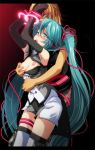  1girl arms_up black_gloves blonde_hair blue_eyes blue_hair blush boots bound bound_wrists breast_grab breasts cleavage dimension_(module) elbow_gloves eyebrows_visible_through_hair floating_hair gloves grabbing hair_between_eyes hair_ribbon hatsune_miku head_tilt long_hair medium_breasts molestation number open_mouth project_diva_(series) red_ribbon restrained ribbon shiny shiny_hair short_shorts shorts standing tattoo thigh_boots thigh_strap thighhighs tsukishiro_saika twintails very_long_hair vocaloid 