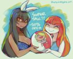  2girls ^_^ announcement ball beachball bikini_top black_hair blue_revolver breasts cleavage closed_eyes commentary dark_skin dee_(blue_revolver) english english_commentary eric_muentes hairband long_hair mae_(blue_revolver) multiple_girls official_art one-piece_swimsuit orange_hair promotional_art red_eyes smile summer swimsuit valerie_(blue_revolver) watermark web_address 