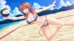  ball bangs bare_arms bare_legs bare_shoulders barefoot beach_volleyball bikini blue_bikini blue_sky blurry blurry_background blush breasts brown_eyes brown_hair cleavage cloud cloudy_sky collarbone commentary commission day depth_of_field english_commentary eyebrows_visible_through_hair hair_between_eyes halter_top halterneck harukana_receive highres kazenokaze large_breasts long_hair low_twintails navel oozora_haruka_(harukana_receive) open_mouth outdoors outstretched_arm sky solo sweat swimsuit twintails v-shaped_eyebrows 