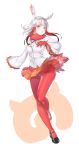  absurdres ass_visible_through_thighs bangs black_footwear blunt_bangs blush chestnut_mouth eyebrows_visible_through_hair frilled_sleeves frills full_body fur_collar gloves hand_on_own_chest hand_up head_wings highres japanese_crested_ibis_(kemono_friends) kemono_friends long_hair long_sleeves looking_at_viewer mary_janes multicolored_hair muto open_mouth orange_skirt pantyhose pleated_skirt red_hair red_legwear shirt shoes simple_background skirt skirt_lift solo tail two-tone_hair white_background white_hair white_shirt wide_sleeves yellow_eyes 